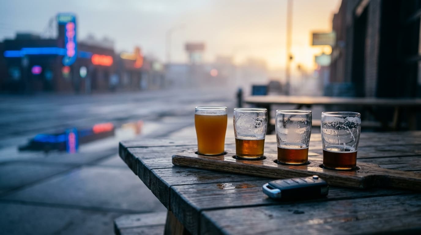 Low-angle hero shot of a half-empty craft beer flight and a car key fob on a West Colfax brewery table, with blurred neon...