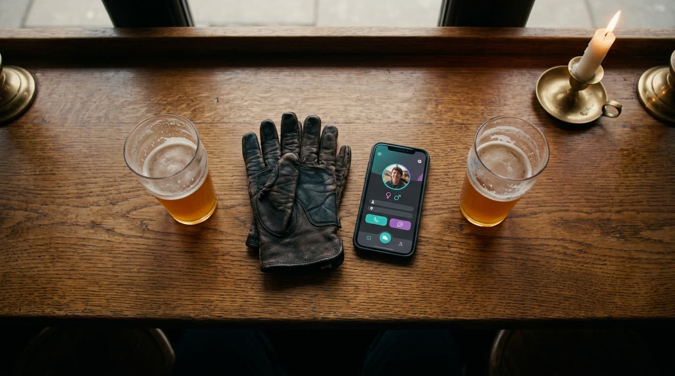 Overhead flat-lay of a wooden bar top featuring a smartphone showing an active Feeld profile, a pair of leather climbing g...