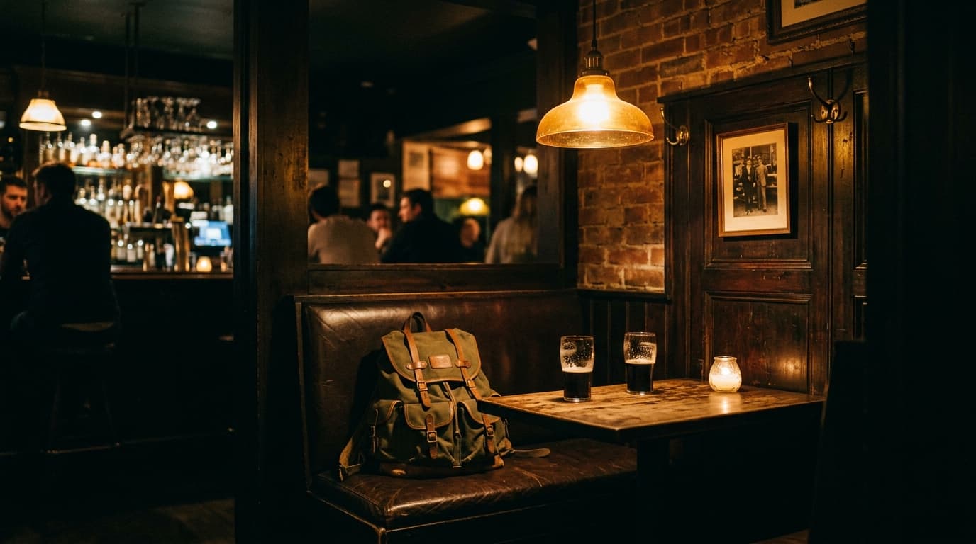 Wide shot of a dark corner booth at Teller’s Taproom, featuring two half-empty pint glasses and a vintage hiking backpack...