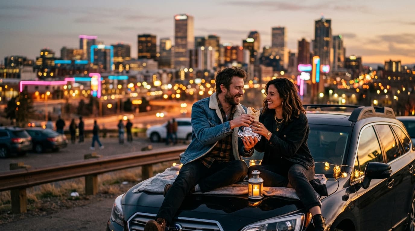 Medium shot, tilt-shift focus. A stylish couple shares a breakfast burrito on the hood of an SUV at a Bear Creek Lake Park...