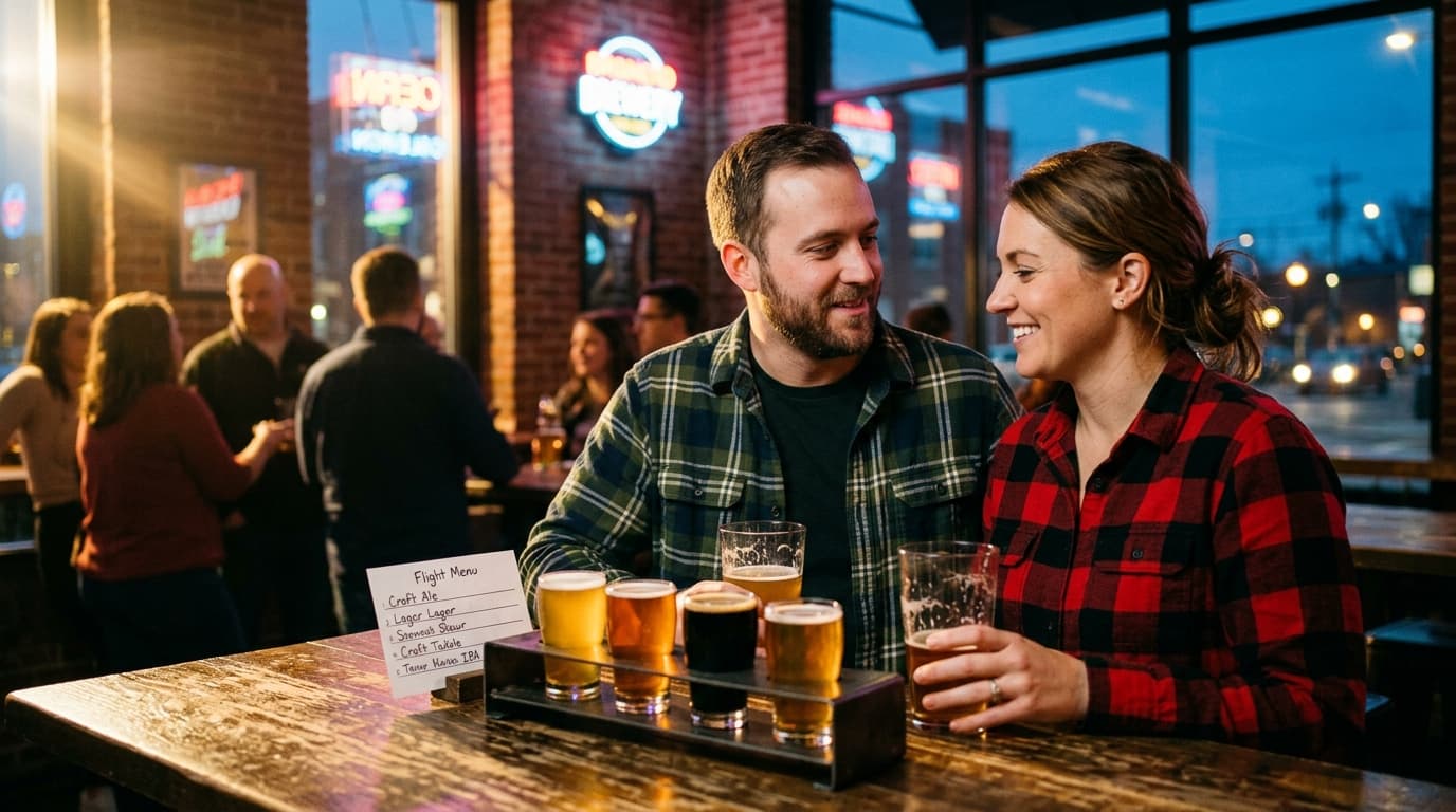 A close-up 35mm documentary shot, rule-of-thirds with subjects offset right. A couple in flannel shirts shares a craft bee...
