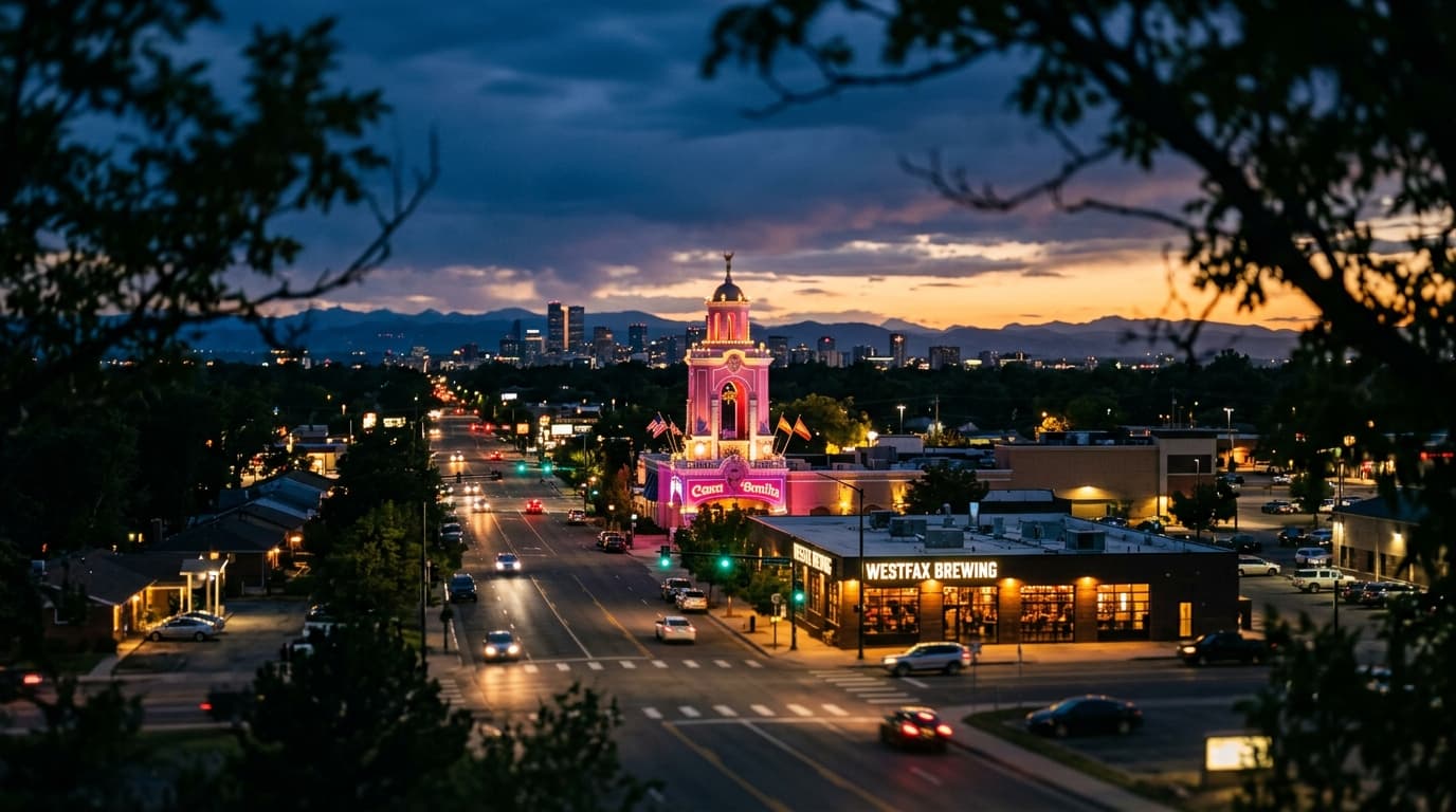 A wide, tilt-shift evening shot of the neon-lit Casa Bonita pink tower rising above Lakewood, with warm tungsten light glo...