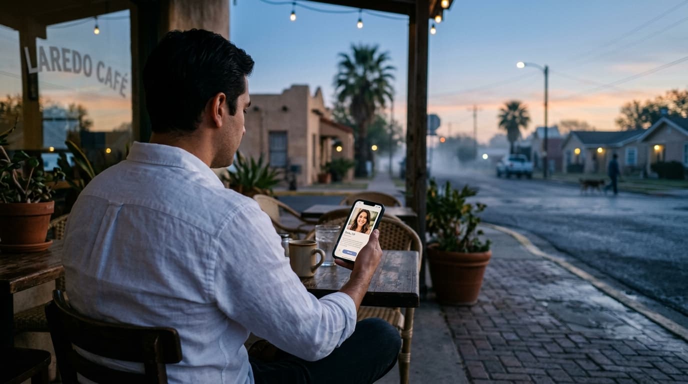 Over-the-shoulder view of a man in a crisp white linen shirt, holding a phone displaying a profile. He sits at a quiet out...