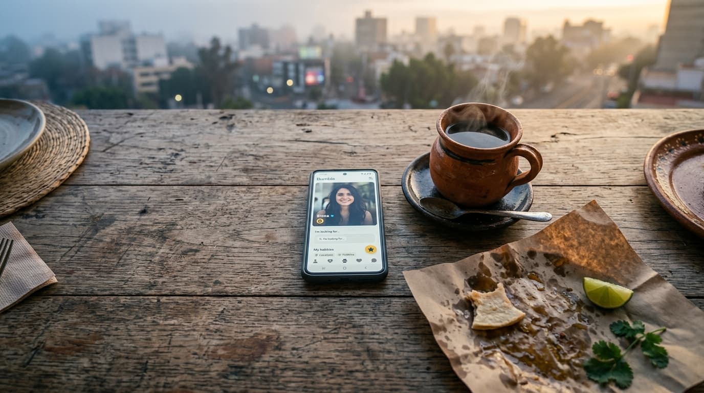 A top-down view of a rustic wooden table featuring an open smartphone displaying a Bumble profile, a steaming cup of cafe...