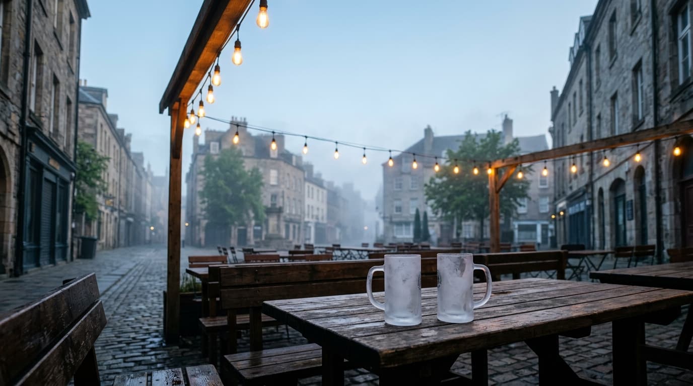 A wide establishing shot from the corner of a dimly lit, open-air beer garden. Two empty frosted glass mugs sit on a rusti...