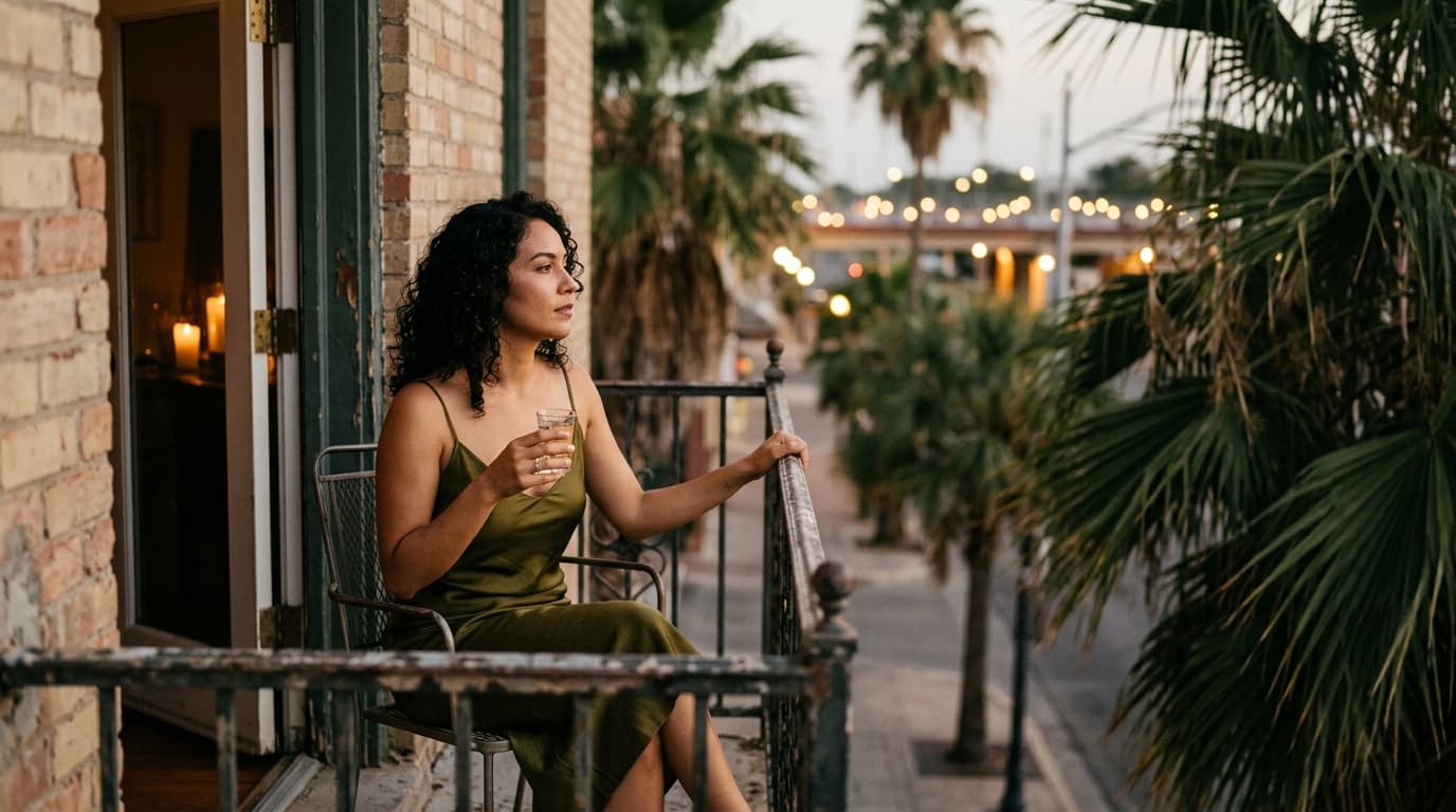 A woman in a silk slip dress sits on a wrought-iron balcony in Downtown Laredo, holding a glass of tequila. Background bri...