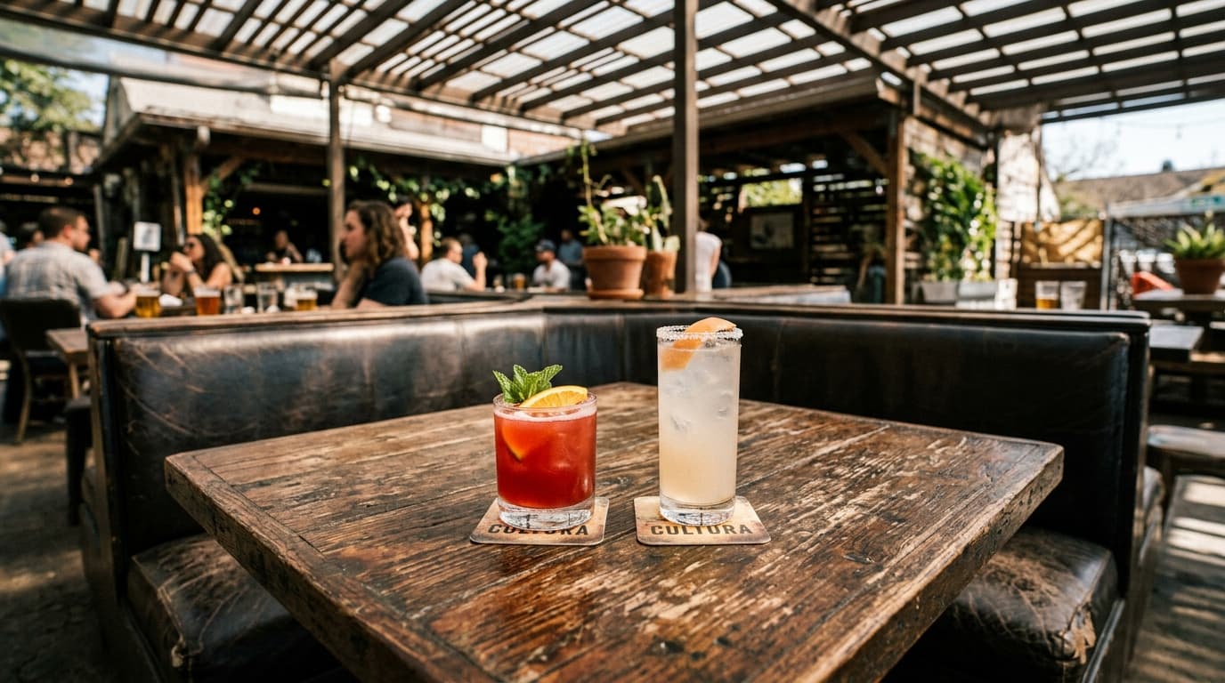 Centered wide-angle shot of a leather booth at Cultura Beer Garden. Two craft cocktails sit on a weathered wooden table, b...
