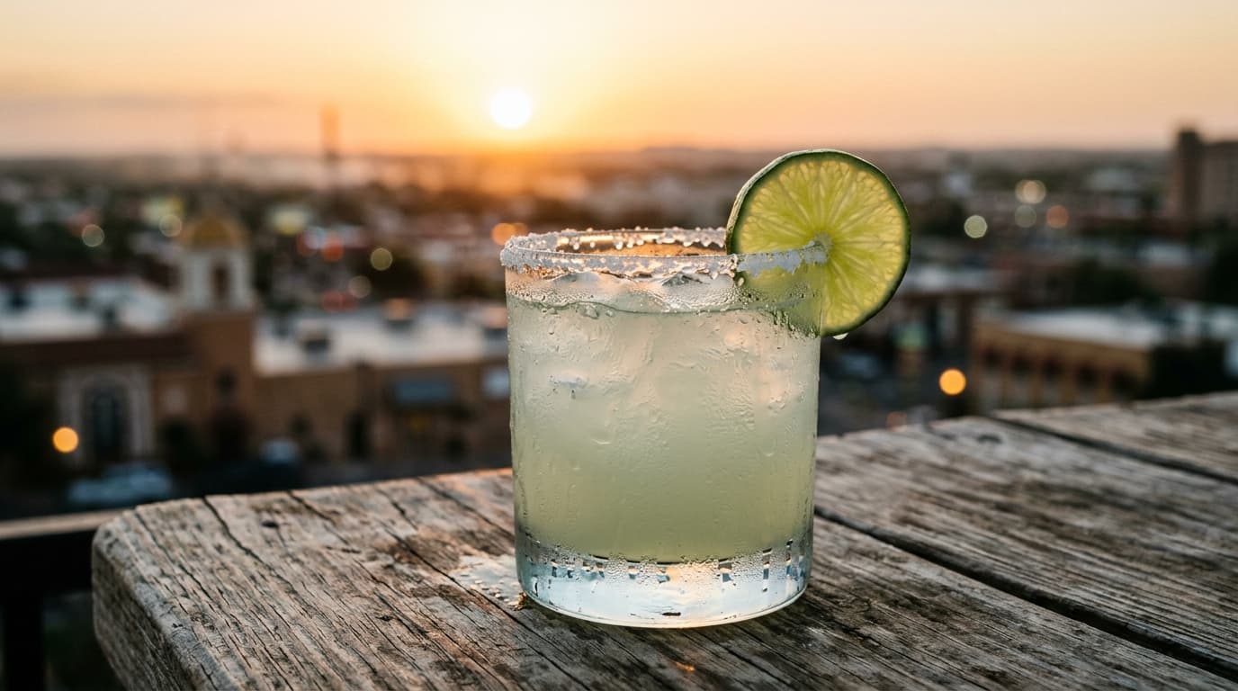 Extreme 100mm macro shot of a sweating, condensation-covered glass of lime margarita resting on a weathered wooden patio t...