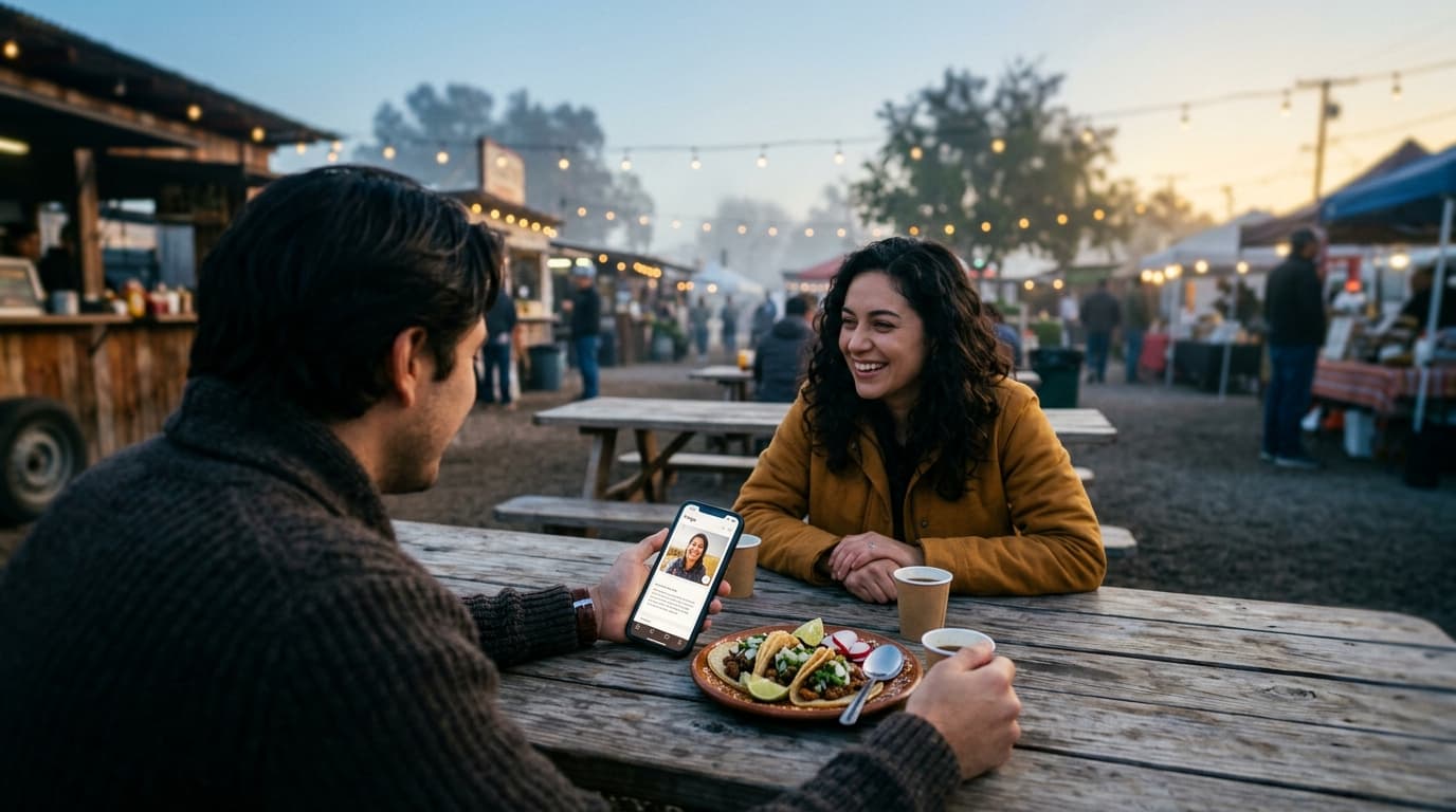 Over-the-shoulder, tilt-shift view of a couple sitting at a wooden table at Golondrina Food Park during blue hour. A Hinge...