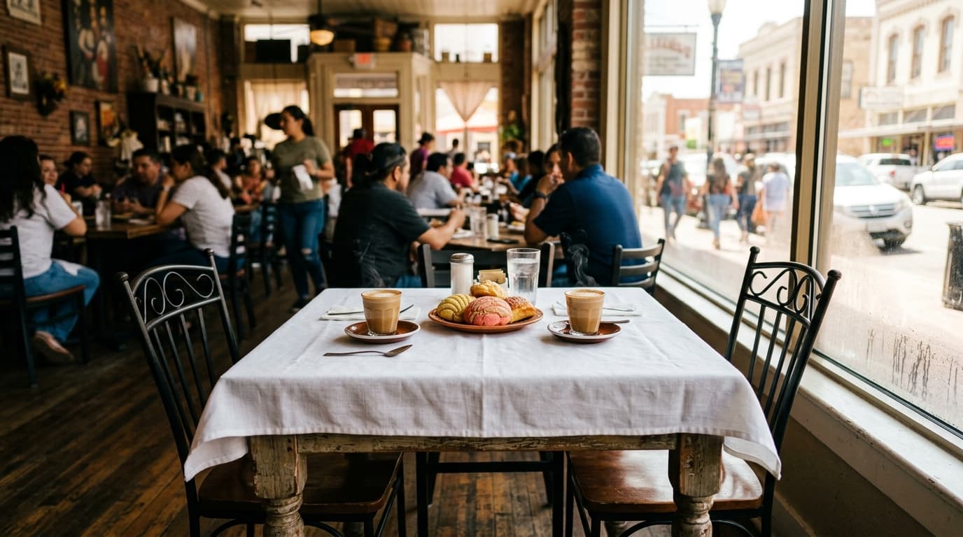 A centered, wide-angle shot of a white tablecloth at a bustling Laredo cafe. Two steaming cortados and a shared plate of p...
