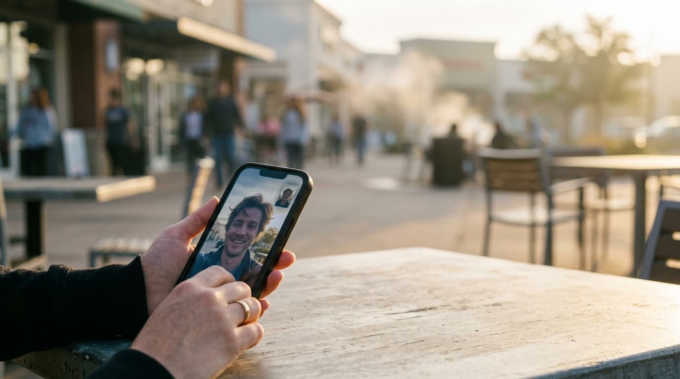 Extreme close-up, 50mm, golden hour. A woman’s hand holds a smartphone showing a video call screen, positioned over a blur...