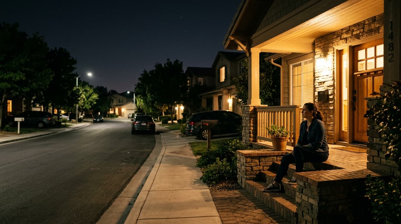 A wide 35mm shot of a quiet Henderson residential street at night. A woman in a dark denim jacket sits on a stone porch, i...