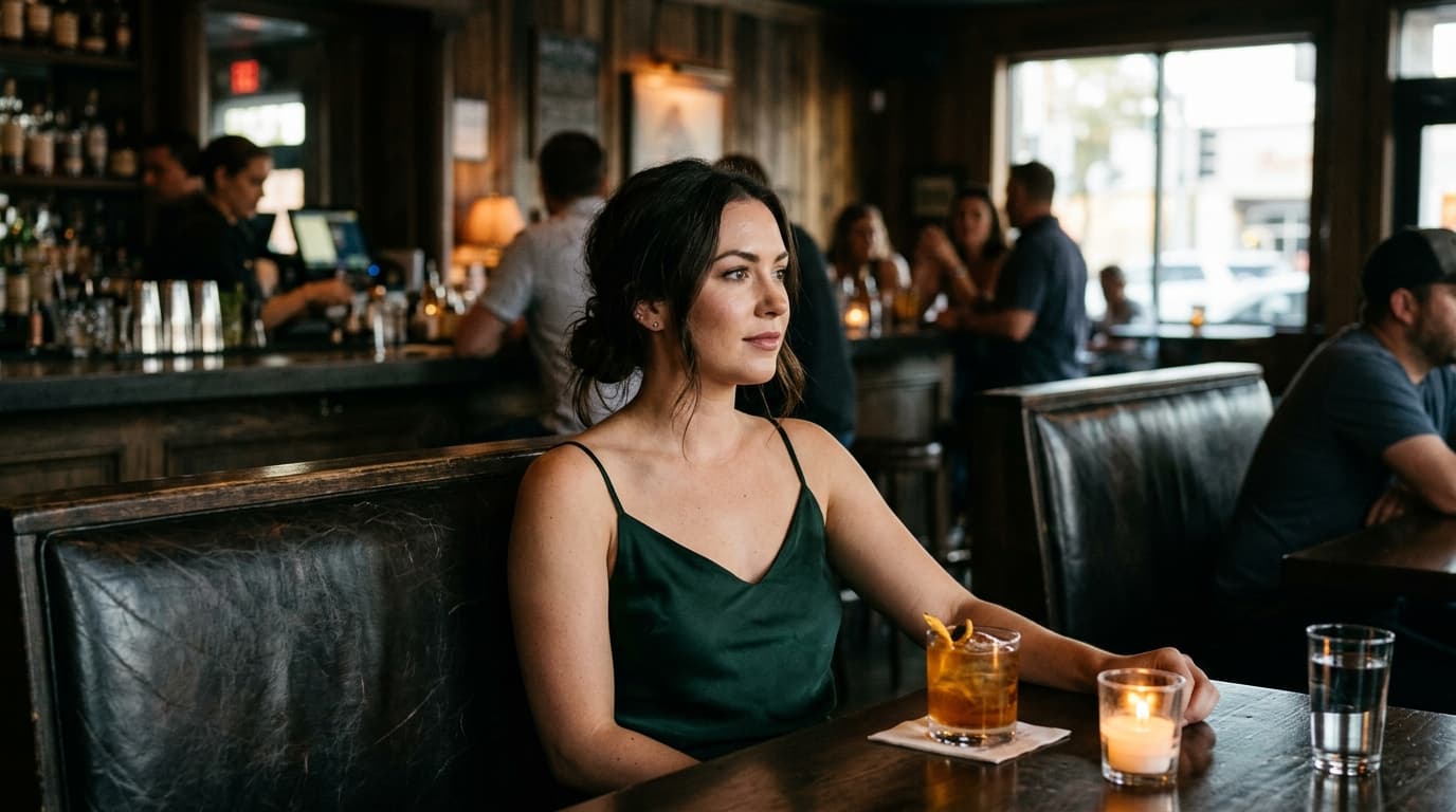 A woman in a silk slip dress sits at a leather booth inside Herbs & Rye. A candle-lit cocktail rests on the dark wood tabl...