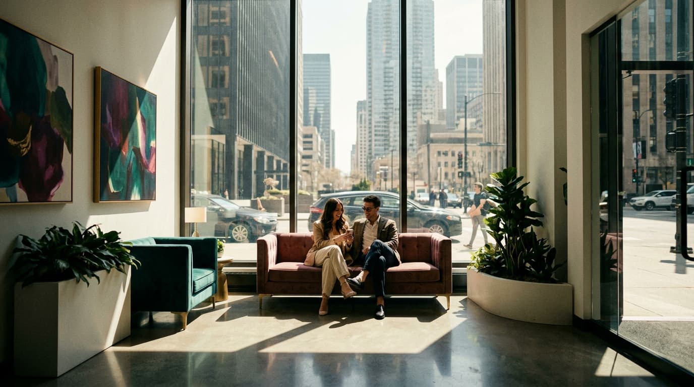 Centered, symmetrical 24mm wide-angle shot through a sun-drenched window. A high-gloss aesthetic clinic waiting room with...