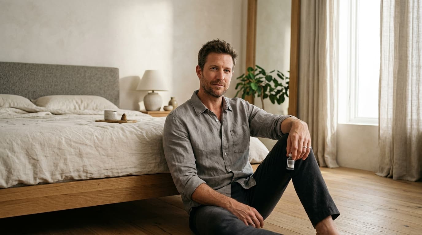 A man in a soft grey linen shirt sits on the floor of a minimalist bedroom, leaning against a bedframe. He holds a single,...