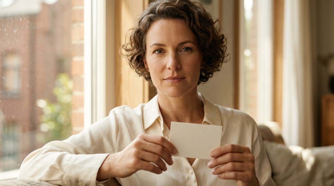 A woman in a cream-colored silk button-down shirt sits against a sunlit window, holding a professional, LGBTQ-literate cli...