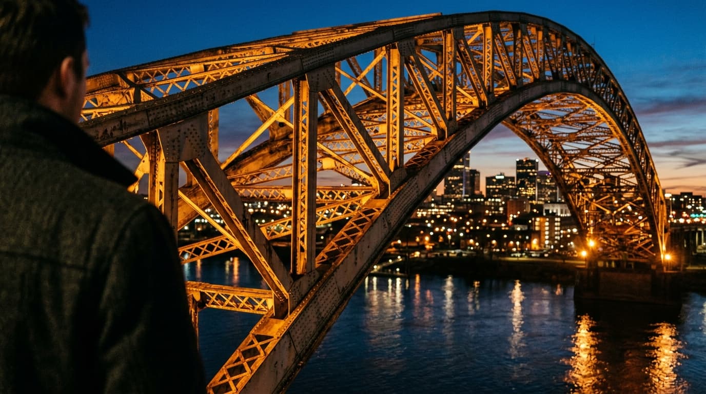 A 100mm macro, over-the-shoulder view of the glowing Broadway Bridge steel arch at blue hour. The Arkansas River reflects...