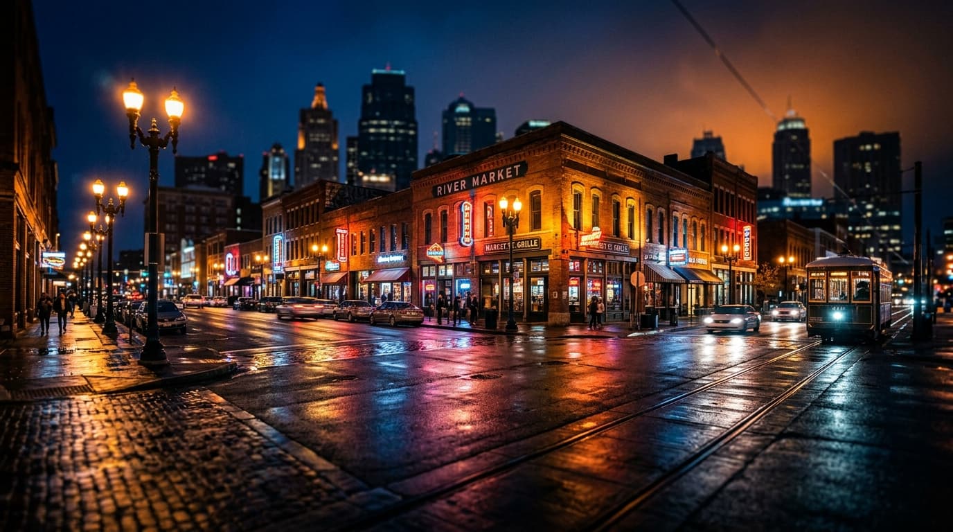 A low-angle, tilt-shift shot of the River Market District at midnight. Neon signage reflects on slick pavement, with leadi...