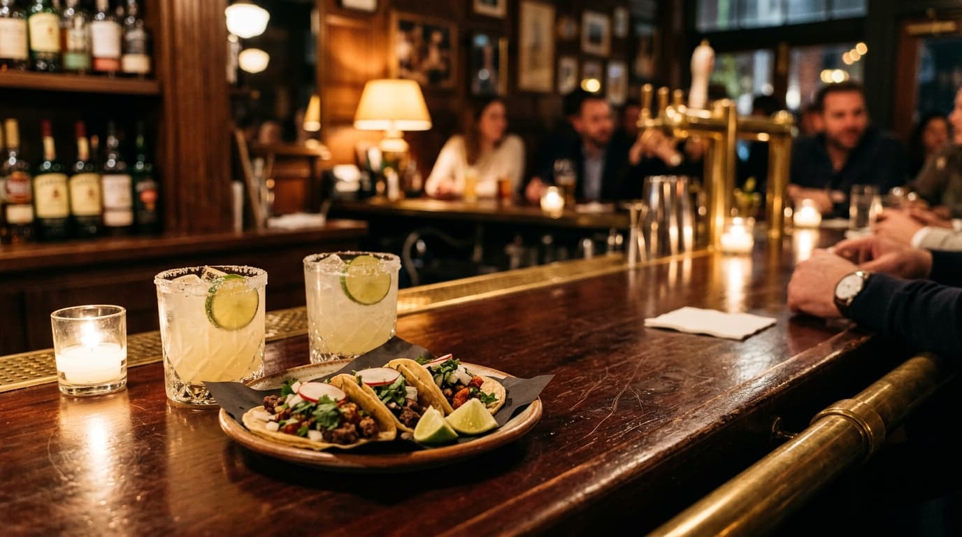 An 85mm shot of a polished mahogany bar at The Fold, featuring two craft margaritas and a shared plate of street tacos, ba...