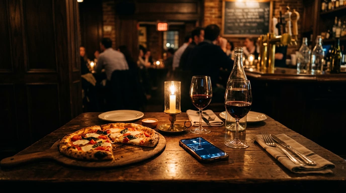 Centered medium shot, 24mm wide-angle. A rustic wooden table at Raduno Brick Oven Barroom featuring a half-eaten artisanal...