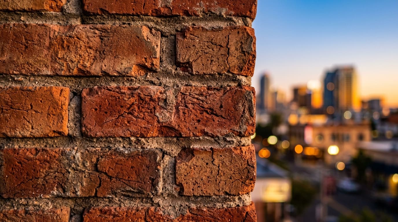 A tight 100mm macro shot captures the intricate, weathered texture of an old brick facade in Hillcrest at golden hour, wit...