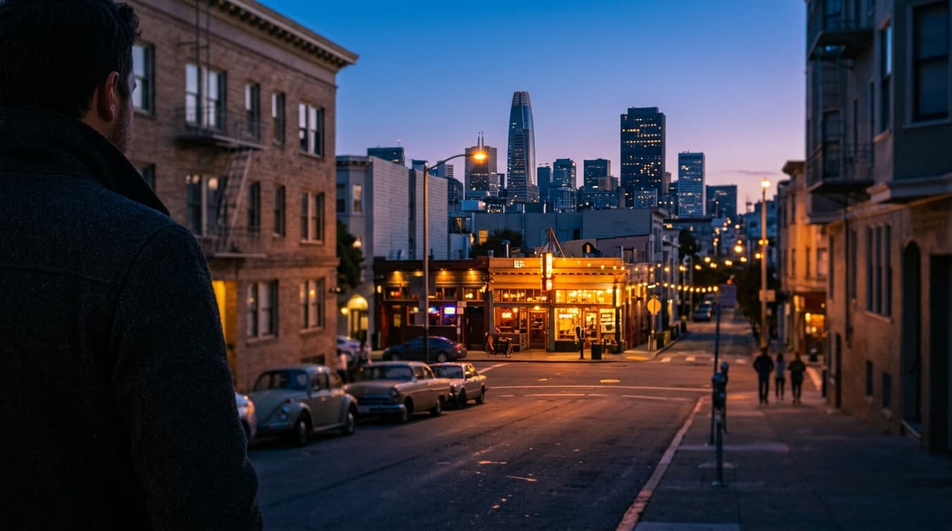 Tilt-shift photography of the SoMa neighborhood at blue hour, focusing on the vintage storefronts. Leading lines from the...