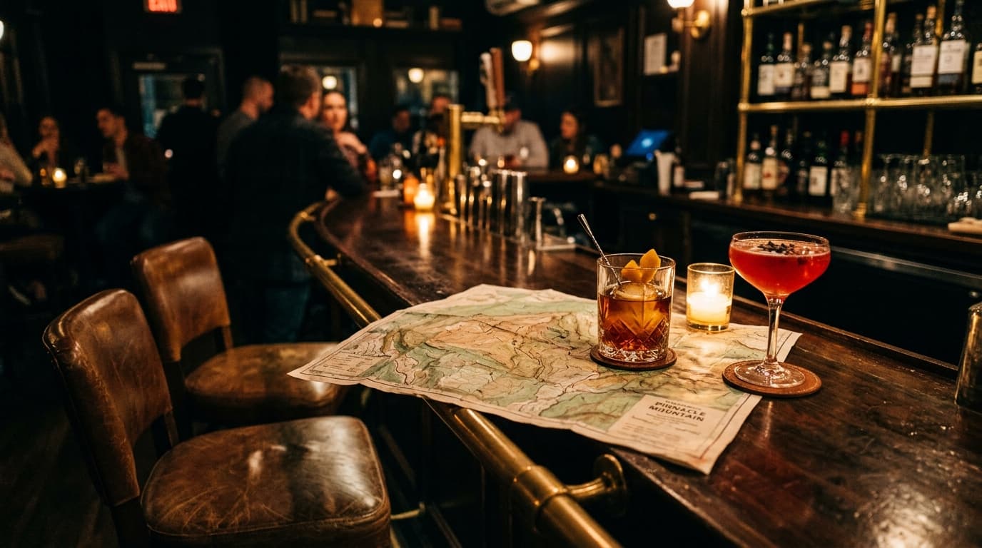 A low-angle, 85mm shot inside a dimly lit SOMA District bar. Two leather barstools face a polished wooden counter holding...