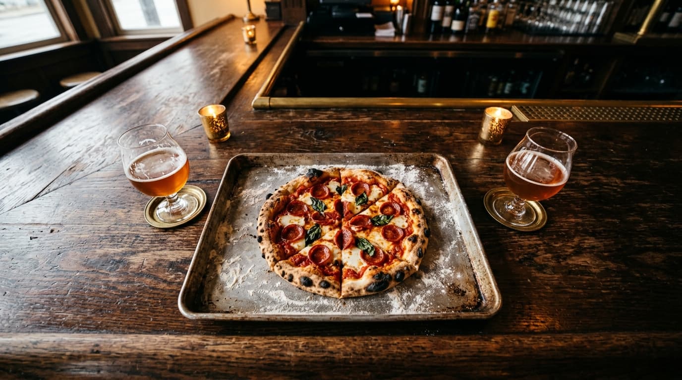 A 24mm wide-angle, centered symmetric overhead shot on a dark wooden bar at Raduno. Two half-poured craft beers sit beside...