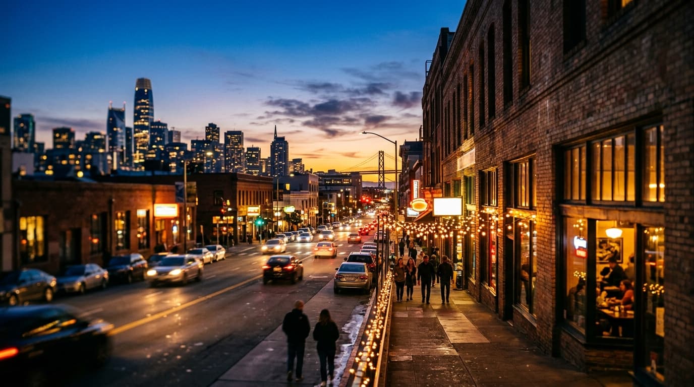 A wide, tilt-shift shot captures the glowing, warm string lights of a SoMa sidewalk at dusk, with leading lines of brick s...