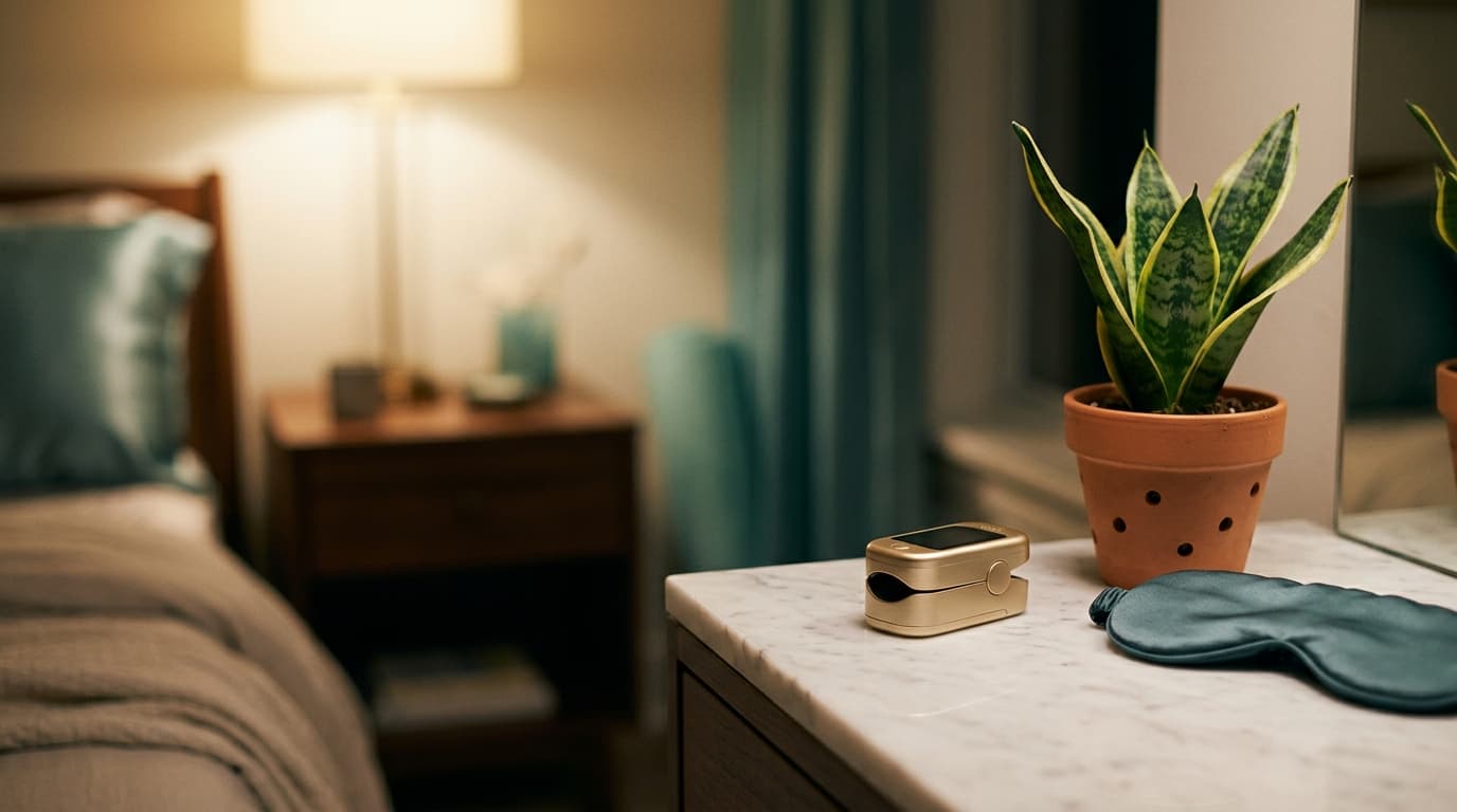 A singular, brushed-gold pulse oximeter rests beside a small, potted snake plant on a white marble vanity. A neatly folded...