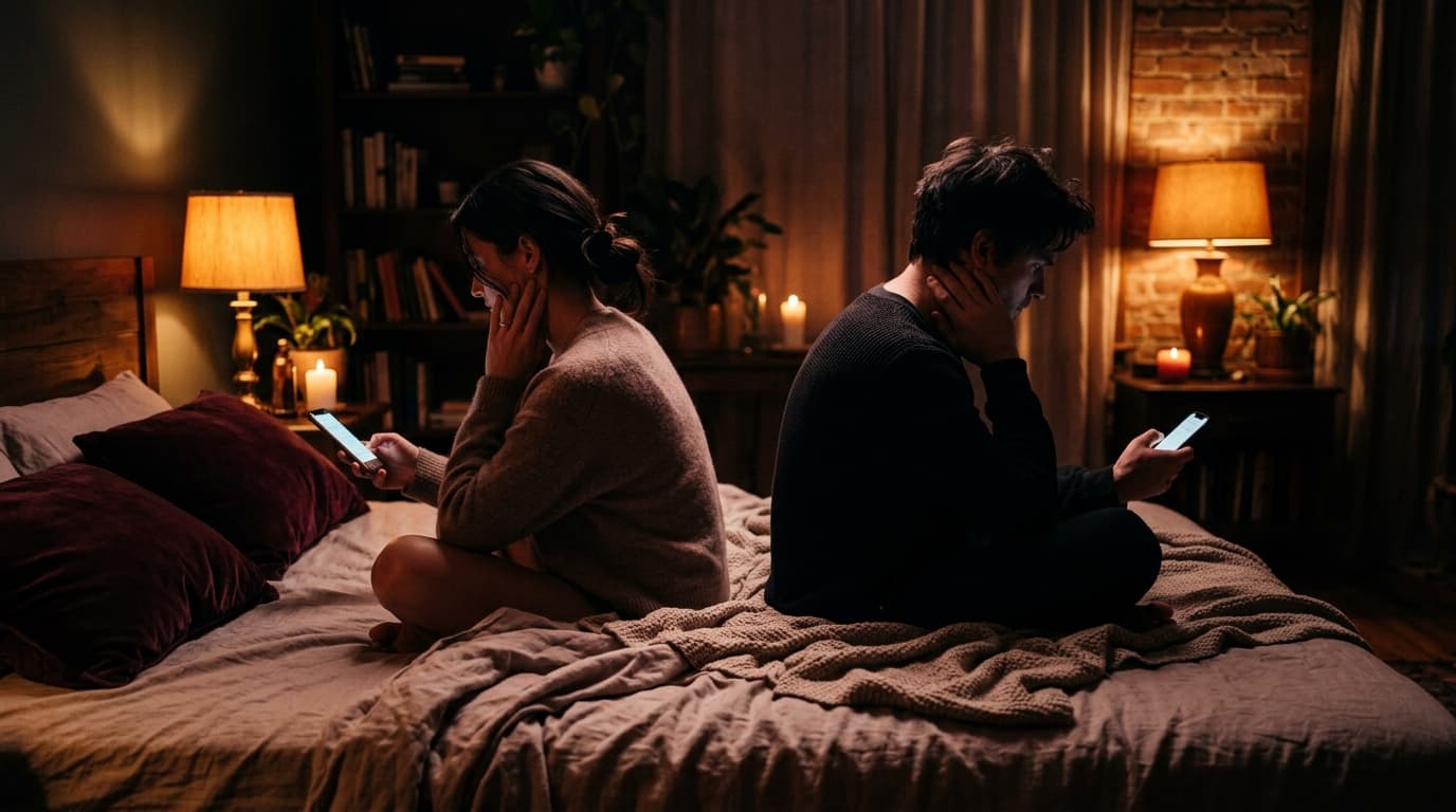 A couple sits on opposite sides of a bed, faces out of frame. They are lit by warm golden lamps, each touching their own s...