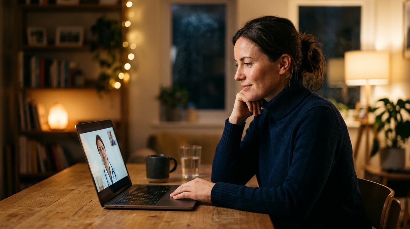 A woman in a navy turtleneck sits at a minimalist wooden desk, calmly engaging with a laptop telehealth interface. Warm tu...
