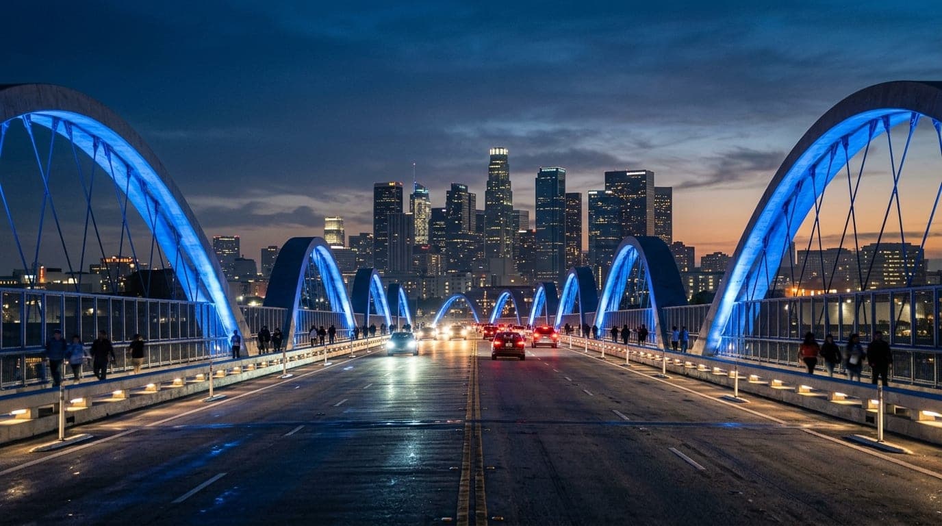 A symmetric, 24mm wide-angle shot of the 6th Street Viaduct illuminated in electric blue twilight, its iconic white arches...