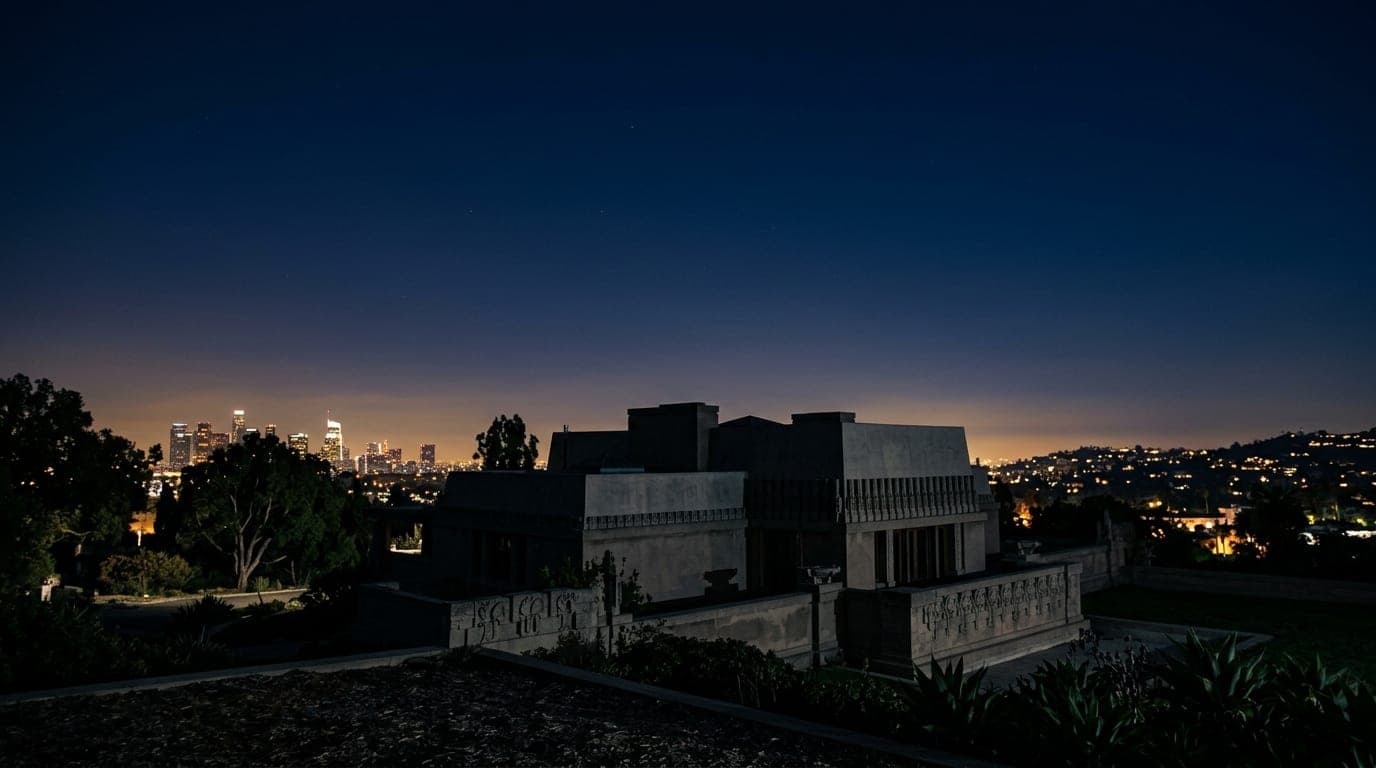 Low-angle hero shot of the iconic Hollyhock House in Barnsdall Art Park at midnight, silhouetted against a deep indigo sky...