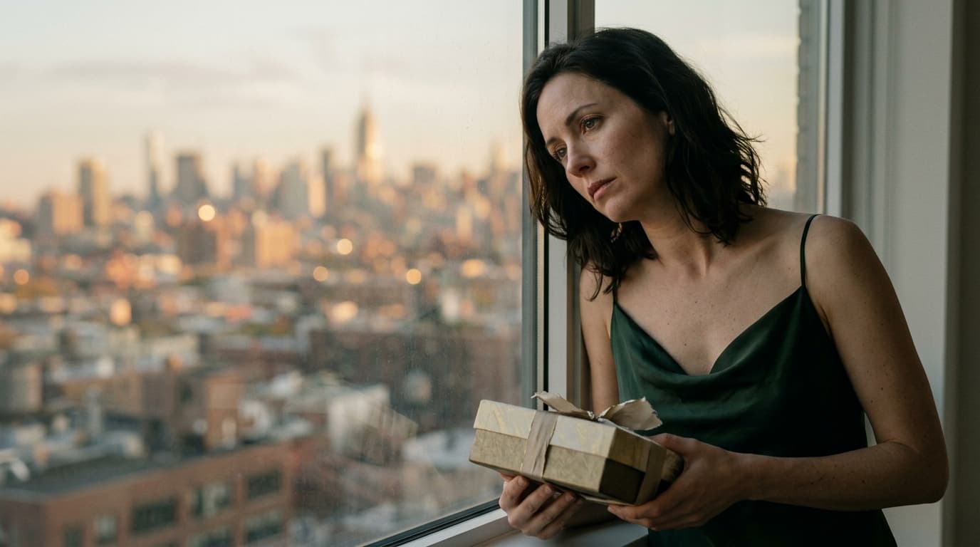 A woman in a silk slip dress leans against a cityscape window at golden hour, holding a discarded gift box, her expression...
