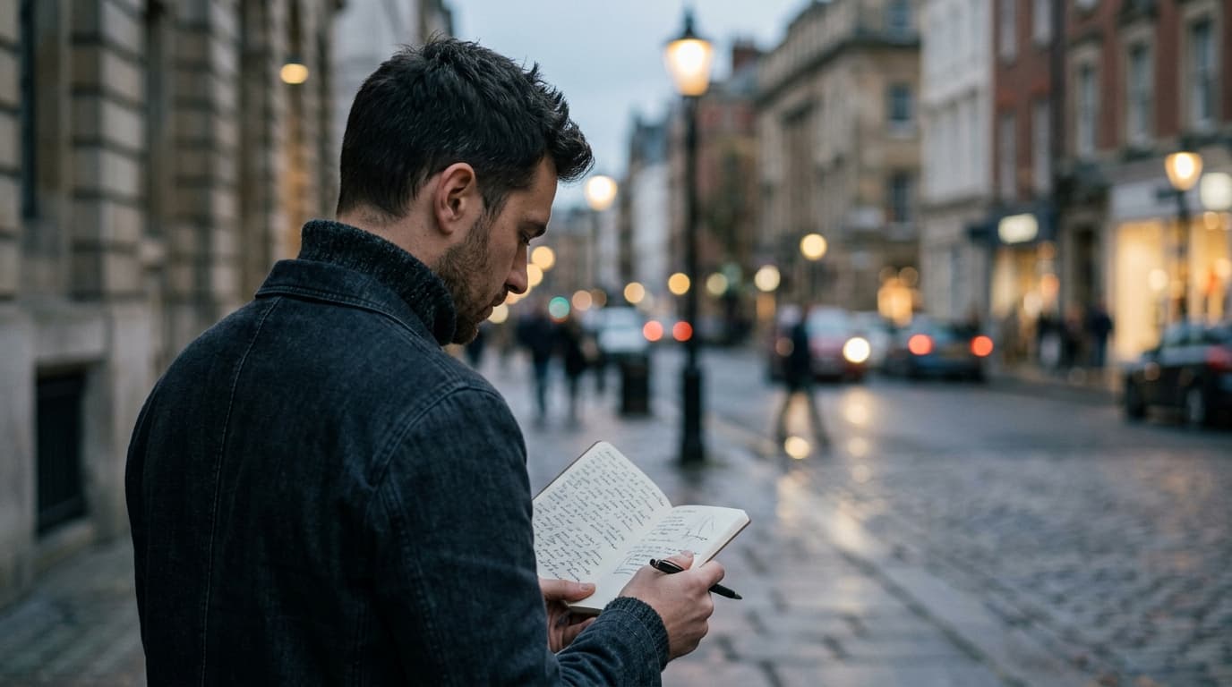 A man in a charcoal turtleneck walks down a blurred city street at blue hour, holding an open pocket notebook, staring pen...