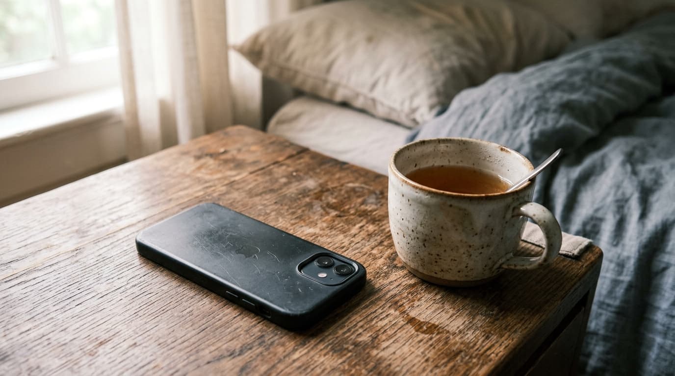 A single, neglected smartphone lies face-down on a wooden bedside table beside a warm, half-finished cup of tea. Soft, bri...