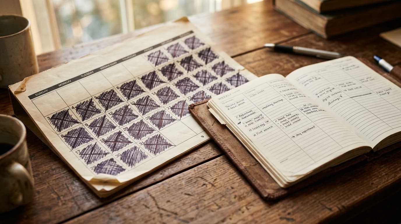 A tilted, sun-drenched calendar on a rustic desk shows one month entirely crossed out with erratic ink, resting beside a n...