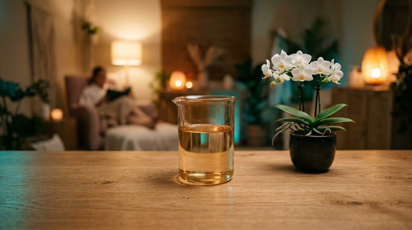 A wide 24mm shot shows a clinical, amber-tinted laboratory beaker containing a clear iso-osmolar lubricant, centered on a...