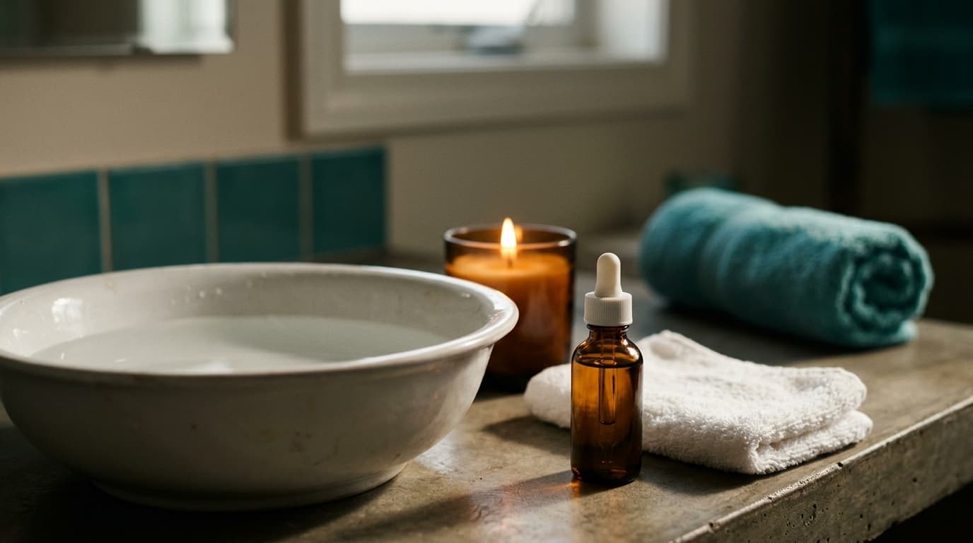 A white porcelain basin sits on a matte concrete counter. Beside it, a single dropper bottle of isotonic lubricant rests n...