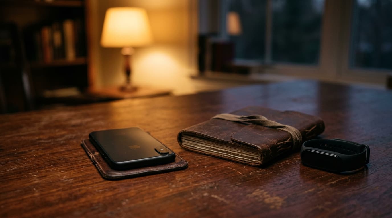 A lonely smartphone sits face-down on a mahogany desk, beside a single unshared handwritten journal and a dormant fitness...