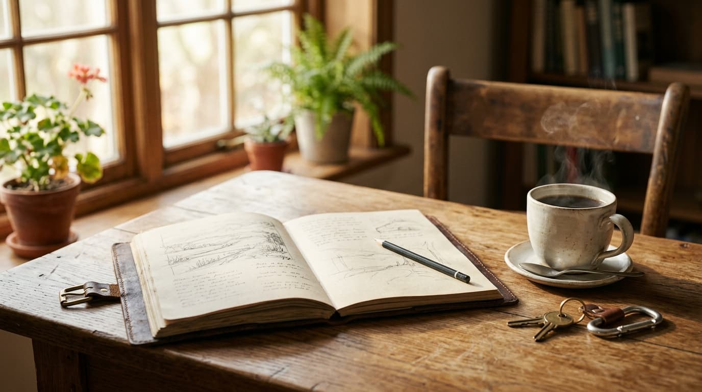 A single leather-bound sketchbook sits open on a sun-drenched wooden desk, resting beside a lone, steaming porcelain mug a...