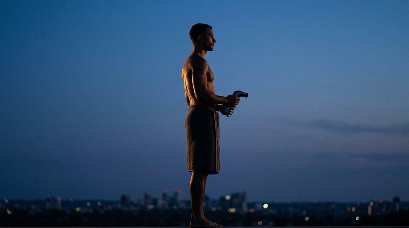 A man in a simple towel stands in profile, his silhouette cast against a deep blue dusk. He holds a sleek, ergonomic hydro...