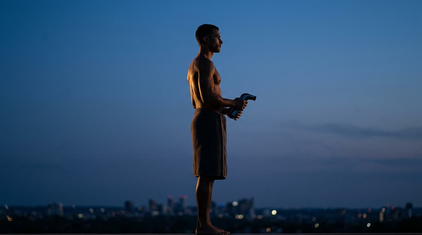 A man in a simple towel stands in profile, his silhouette cast against a deep blue dusk. He holds a sleek, ergonomic hydro...