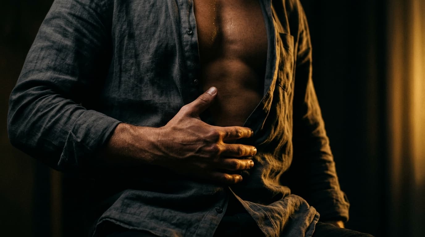 A low-angle, tight macro shot of a man’s torso in deep shadow. He wears an unbuttoned linen shirt, his hand resting firmly...