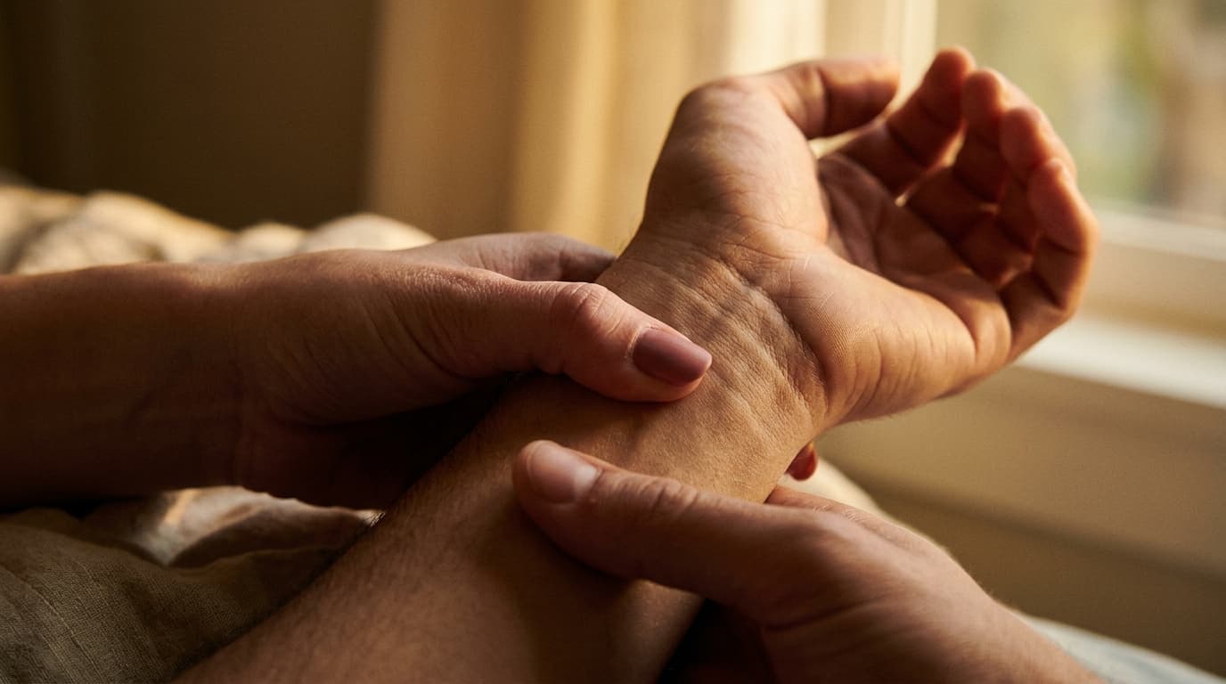 Extreme close-up of a woman’s hand firmly encircling the base of a man’s penis, thumb pressing against the skin. Late afte...