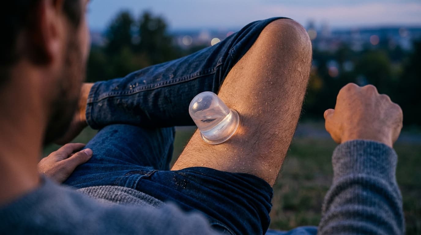 Blue hour light hits a man’s damp, taut inner thigh where a rhythmic, water-filled silicone suction cup rests, droplets of...