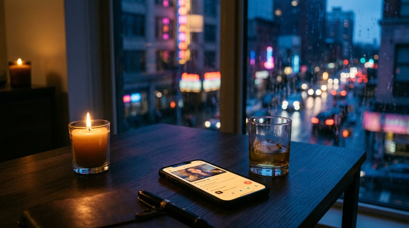 A dimly lit home office, candle-lit, focuses on a smartphone displaying a verified Adult Friend Finder profile. A glass of...