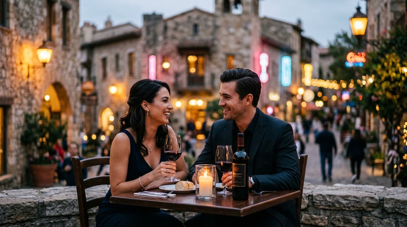 A couple in elegant evening wear shares a bottle of red wine at a candlelit table in the Adriatica village, soft bokeh cit...