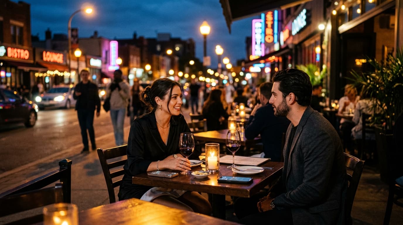 A medium shot, 35mm documentary style. A couple in evening wear sits at a dark, candle-lit bistro table, their smartphones...